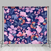 Aperturee - Aperturee Navy Blue Pink Floral Leaves Fine Art Photo Backdrop